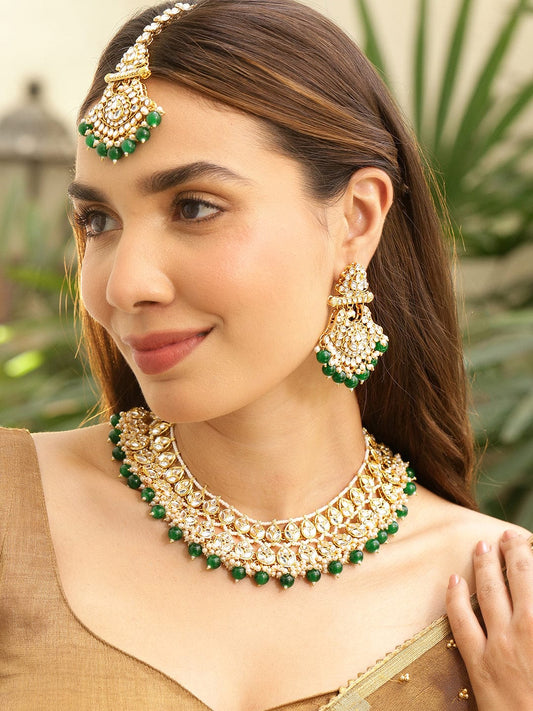 Rubans 22K Gold-Plated White Kundan & Green-White Pearl Bead Drops Handcrafted Bridal Necklace Set