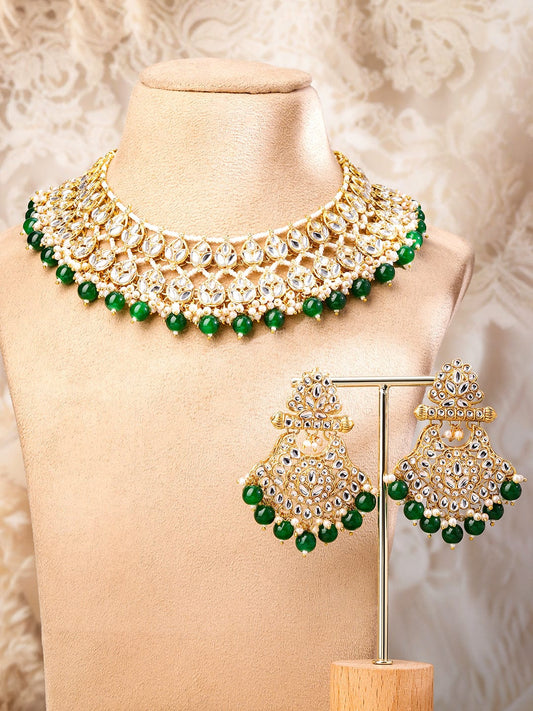 Rubans 22K Gold-Plated White Kundan & Green-White Pearl Bead Drops Handcrafted Bridal Necklace Set
