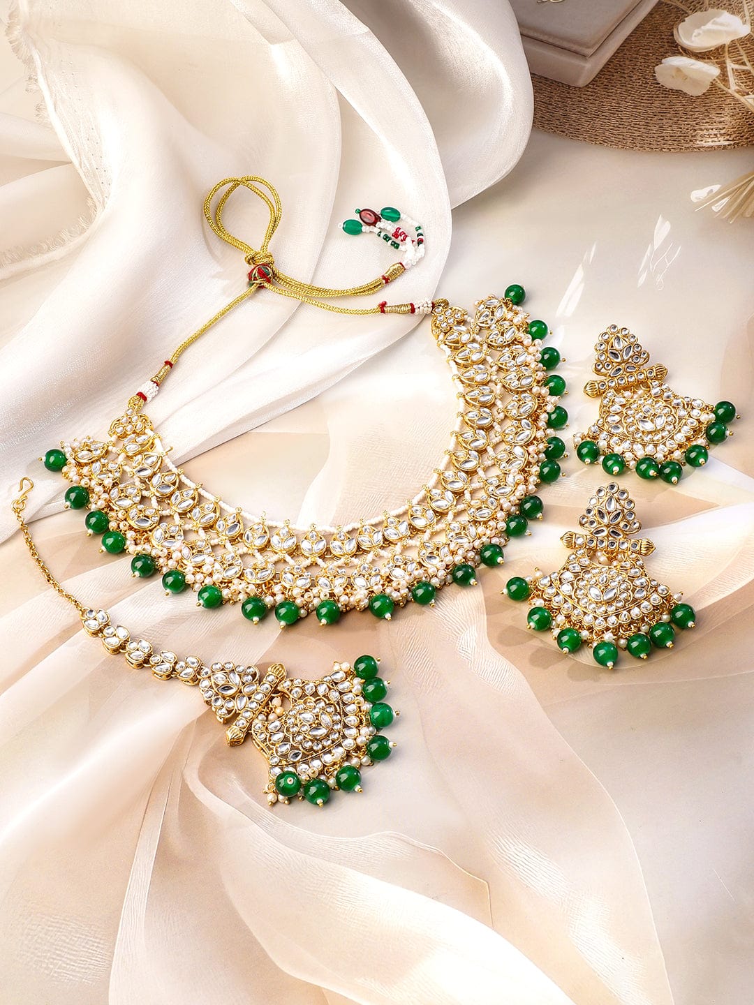 Rubans 22K Gold-Plated White Kundan & Green-White Pearl Bead Drops Handcrafted Bridal Necklace Set
