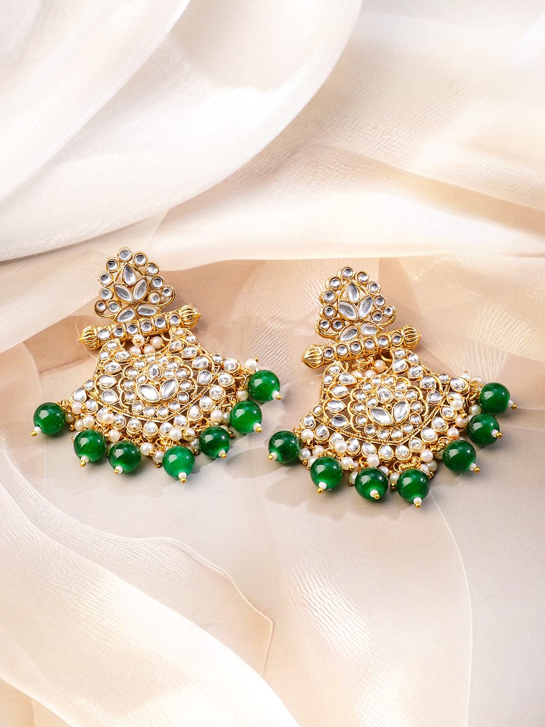 Rubans 22K Gold-Plated White Kundan & Green-White Pearl Bead Drops Handcrafted Bridal Necklace Set