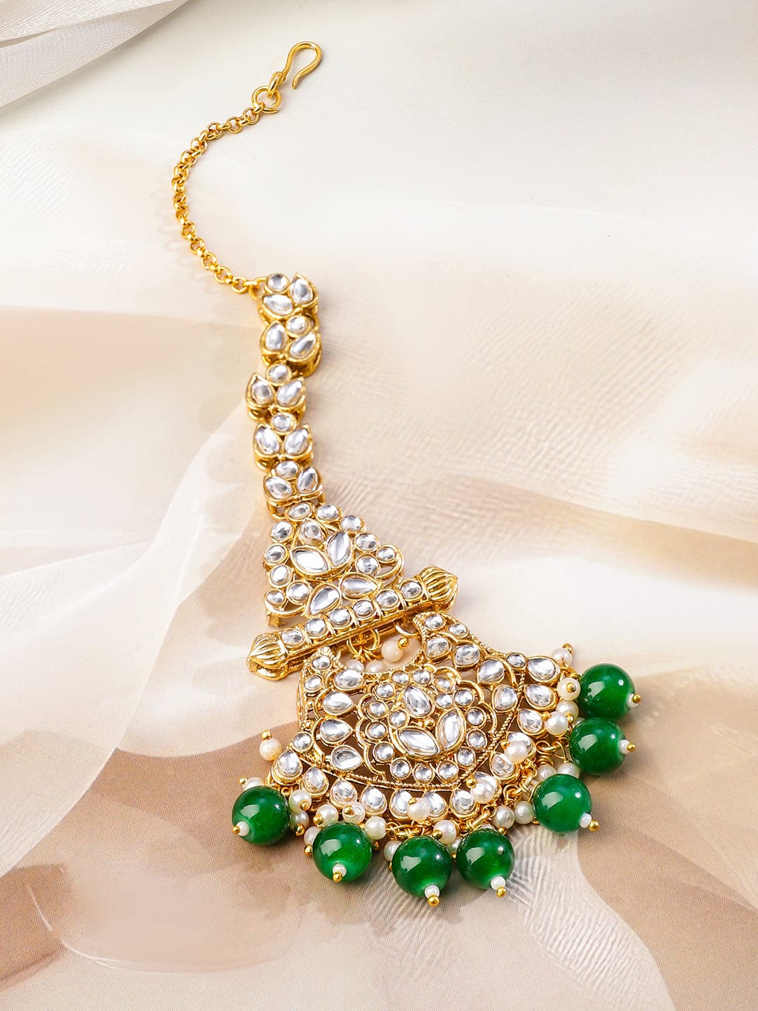 Rubans 22K Gold-Plated White Kundan & Green-White Pearl Bead Drops Handcrafted Bridal Necklace Set