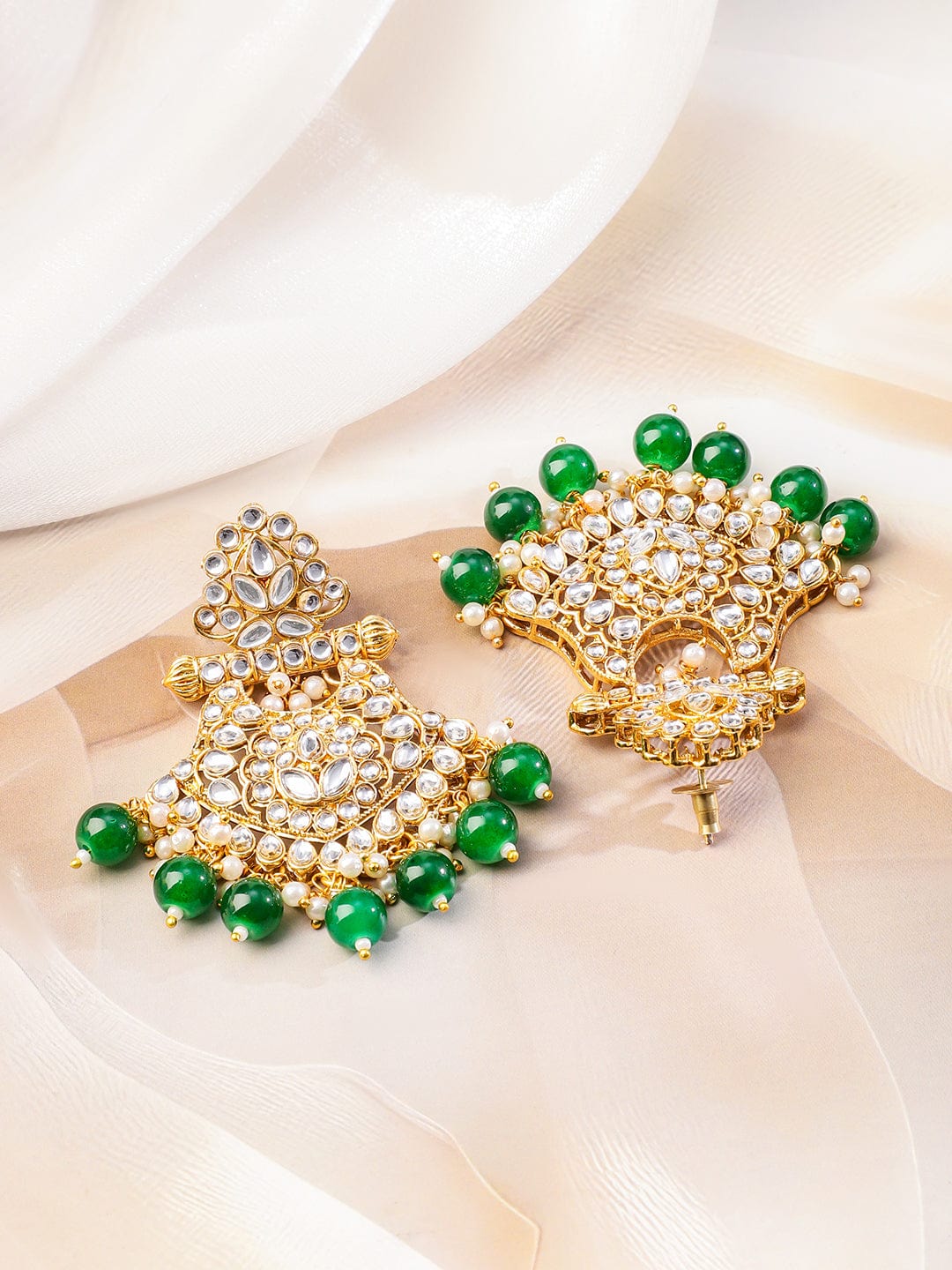 Rubans 22K Gold-Plated White Kundan & Green-White Pearl Bead Drops Handcrafted Bridal Necklace Set