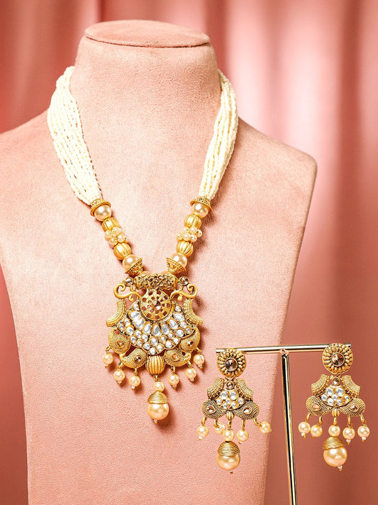 Rubans 22K Gold-Plated White Kundan & Pearl Studded and Beaded Multi-Strand Necklace Set
