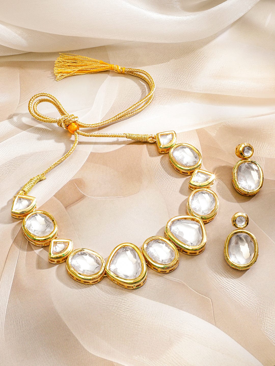 Rubans 22K Gold-Plated White Kundan Studded Handcrafted Choker Necklace Set