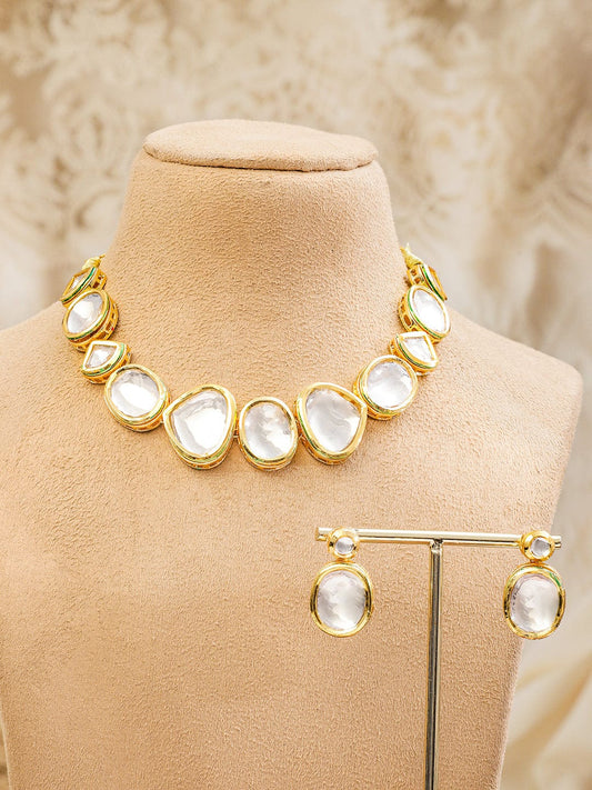 Rubans 22K Gold-Plated White Kundan Studded Handcrafted Choker Necklace Set