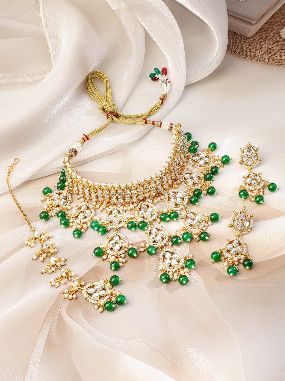 Rubans 22K Gold-Plated White Kundan Studded & Green Pearls Beaded Choker Necklace Set