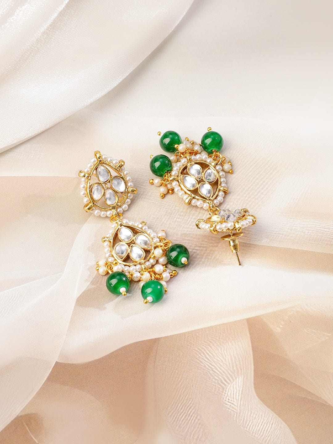 Rubans 22K Gold-Plated White Kundan Studded & Green Pearls Beaded Choker Necklace Set