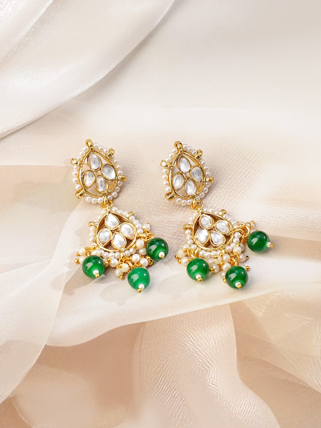 Rubans 22K Gold-Plated White Kundan Studded & Green Pearls Beaded Choker Necklace Set