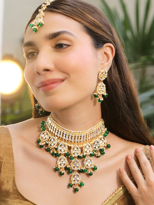Rubans 22K Gold-Plated White Kundan Studded & Green Pearls Beaded Choker Necklace Set