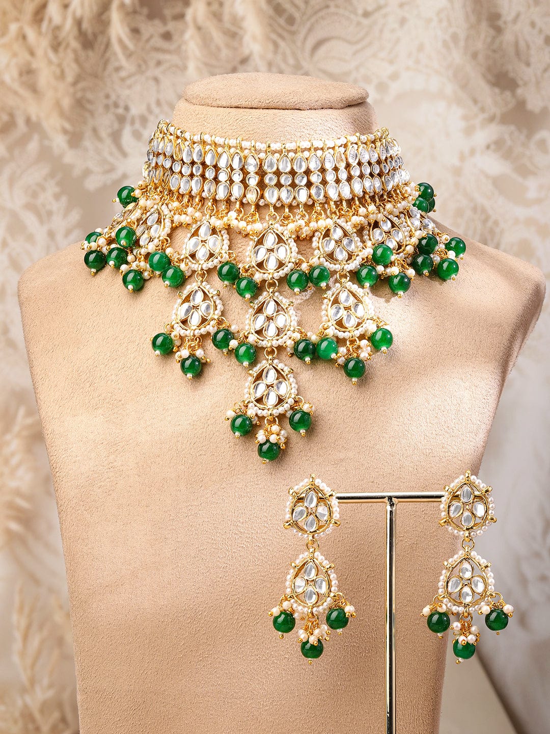 Rubans 22K Gold-Plated White Kundan Studded & Green Pearls Beaded Choker Necklace Set