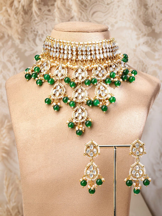 Rubans 22K Gold-Plated White Kundan Studded & Green Pearls Beaded Choker Necklace Set