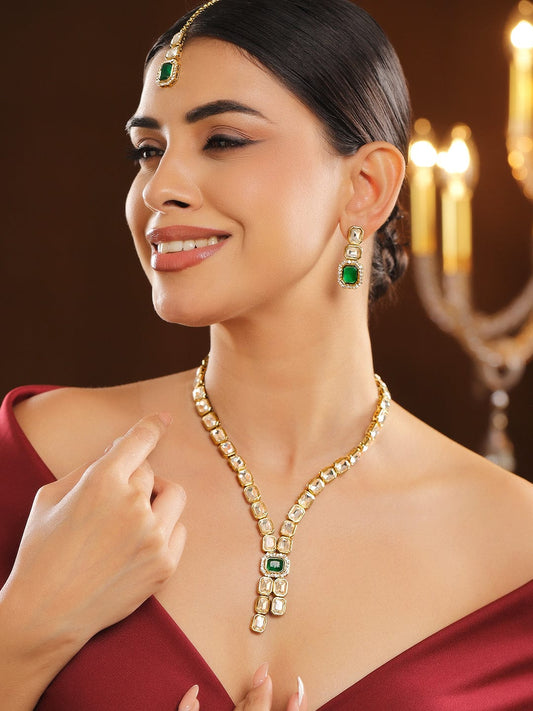 Rubans 22K Gold-Plated White Kundan Studded V-Shaped Necklace Set with Emerald Green Center Stone
