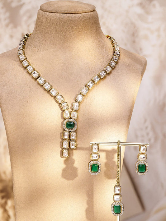 Rubans 22K Gold-Plated White Kundan Studded V-Shaped Necklace Set with Emerald Green Center Stone