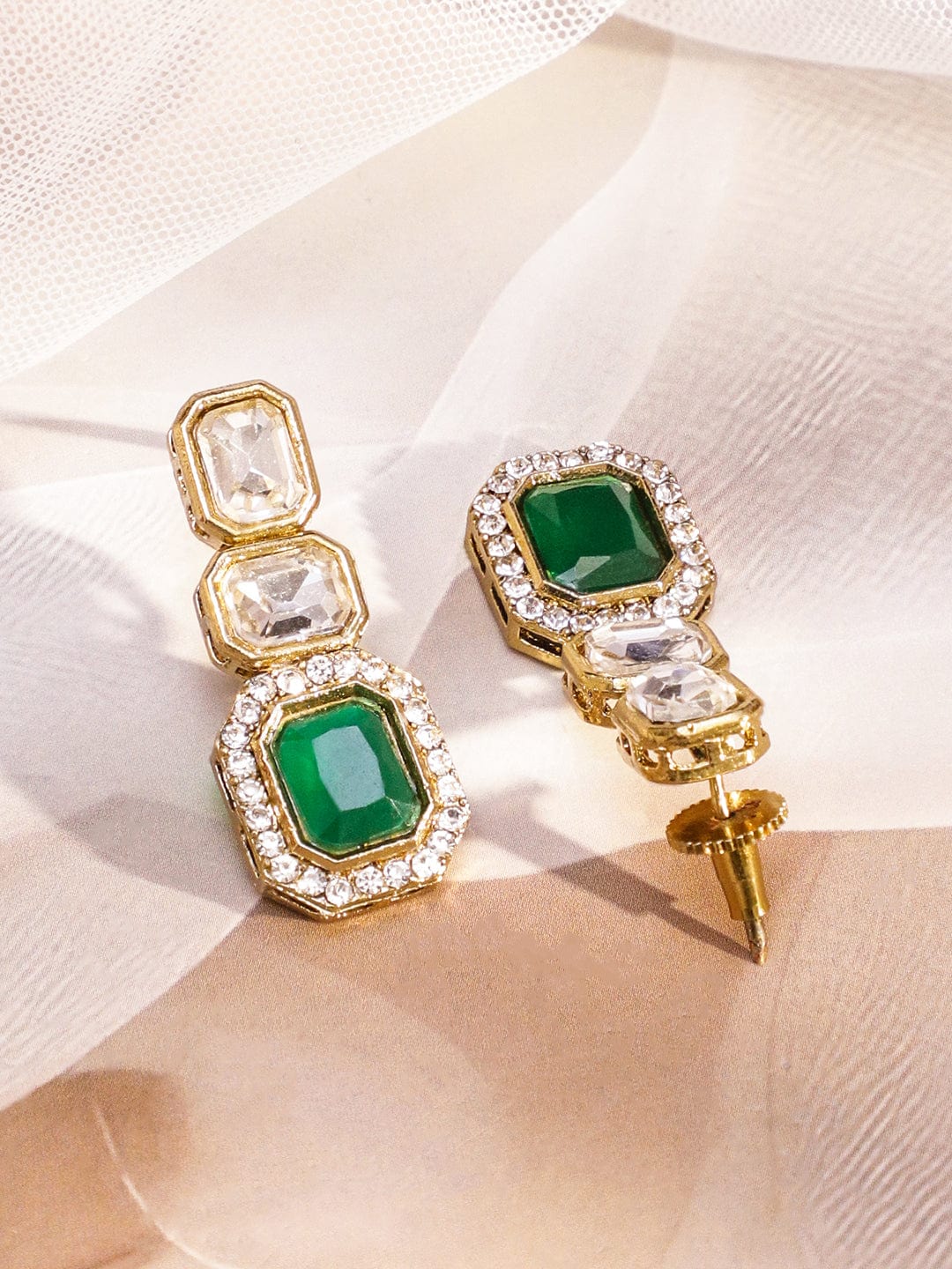 Rubans 22K Gold-Plated White Kundan Studded V-Shaped Necklace Set with Emerald Green Center Stone