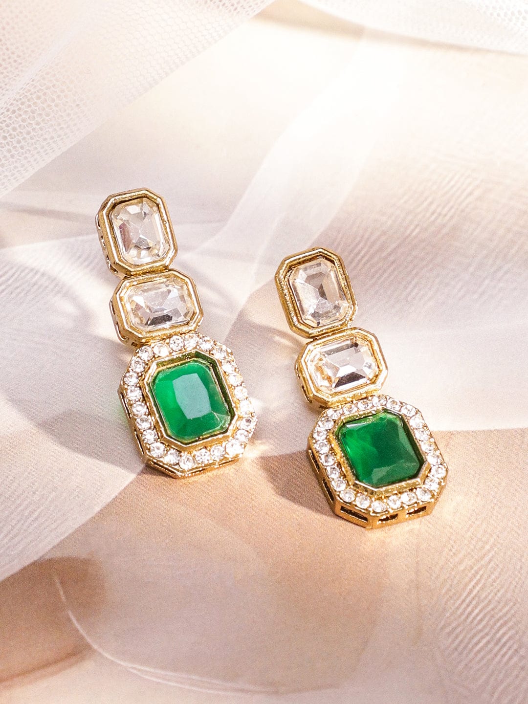 Rubans 22K Gold-Plated White Kundan Studded V-Shaped Necklace Set with Emerald Green Center Stone