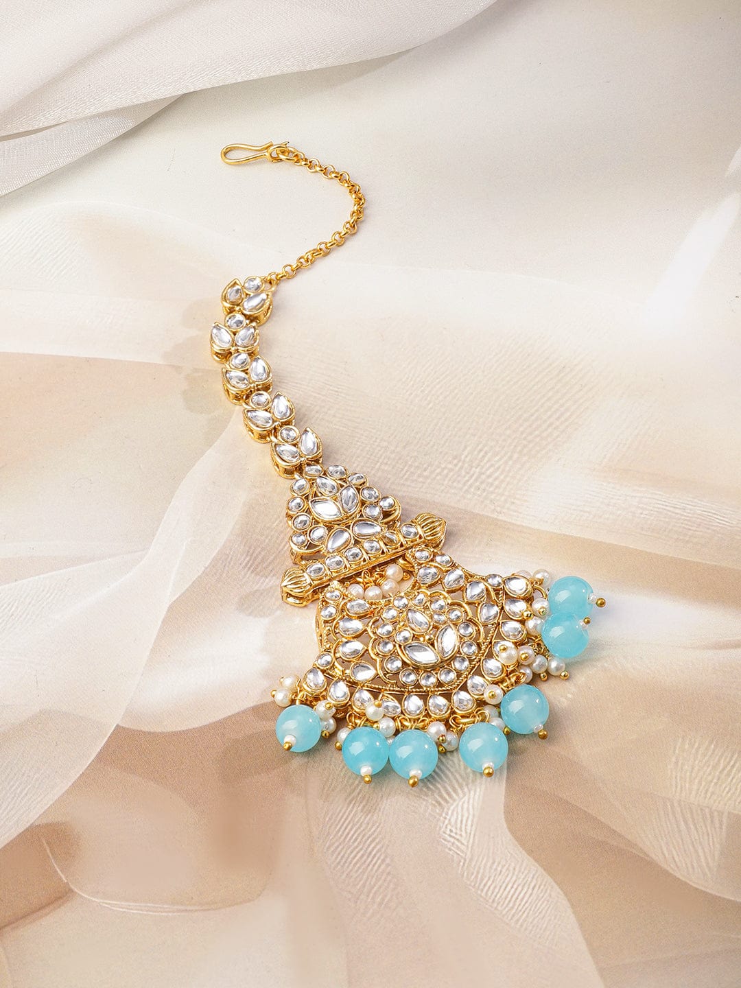 Rubans 22K Gold-Plated White Kundan Studded & White Pearls & Blue Bead Drops Handcrafted Bridal Necklace Set