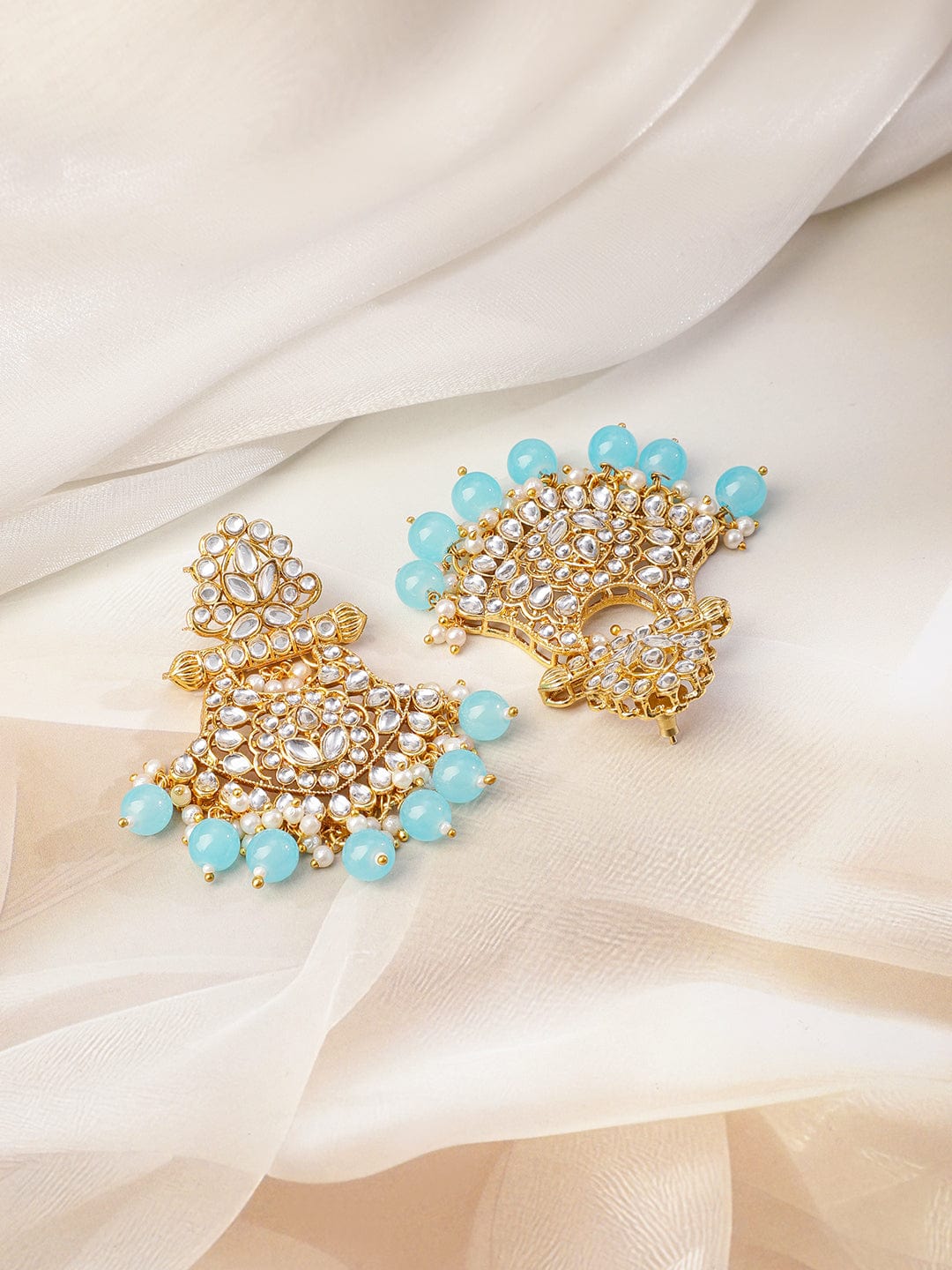 Rubans 22K Gold-Plated White Kundan Studded & White Pearls & Blue Bead Drops Handcrafted Bridal Necklace Set