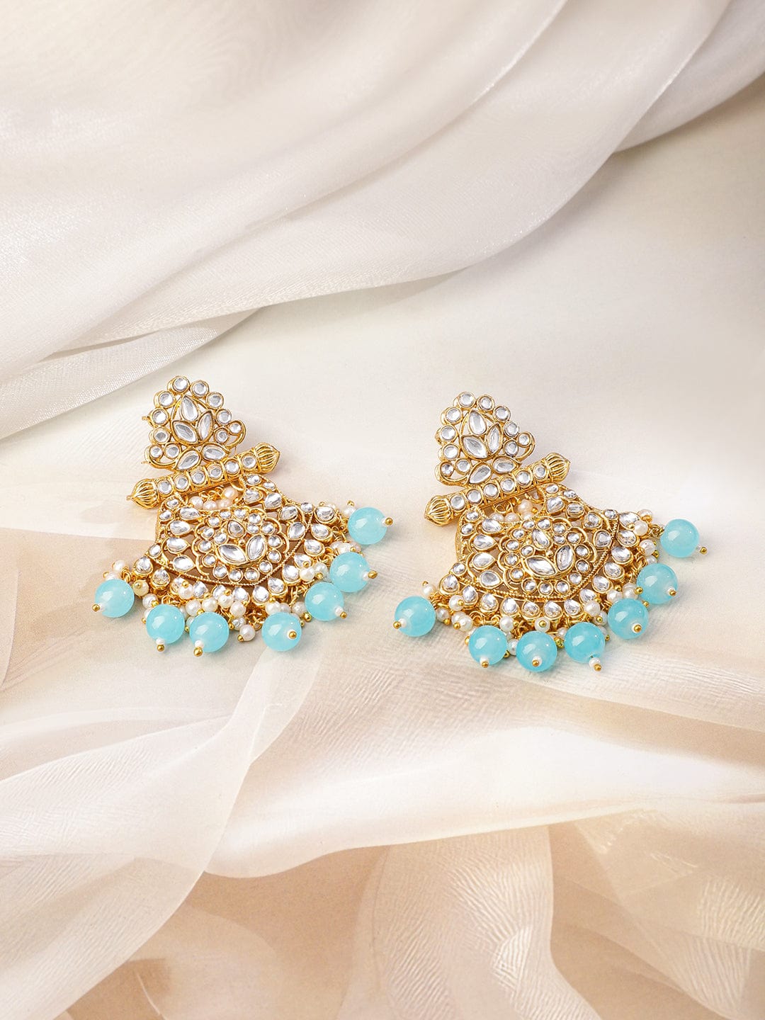 Rubans 22K Gold-Plated White Kundan Studded & White Pearls & Blue Bead Drops Handcrafted Bridal Necklace Set