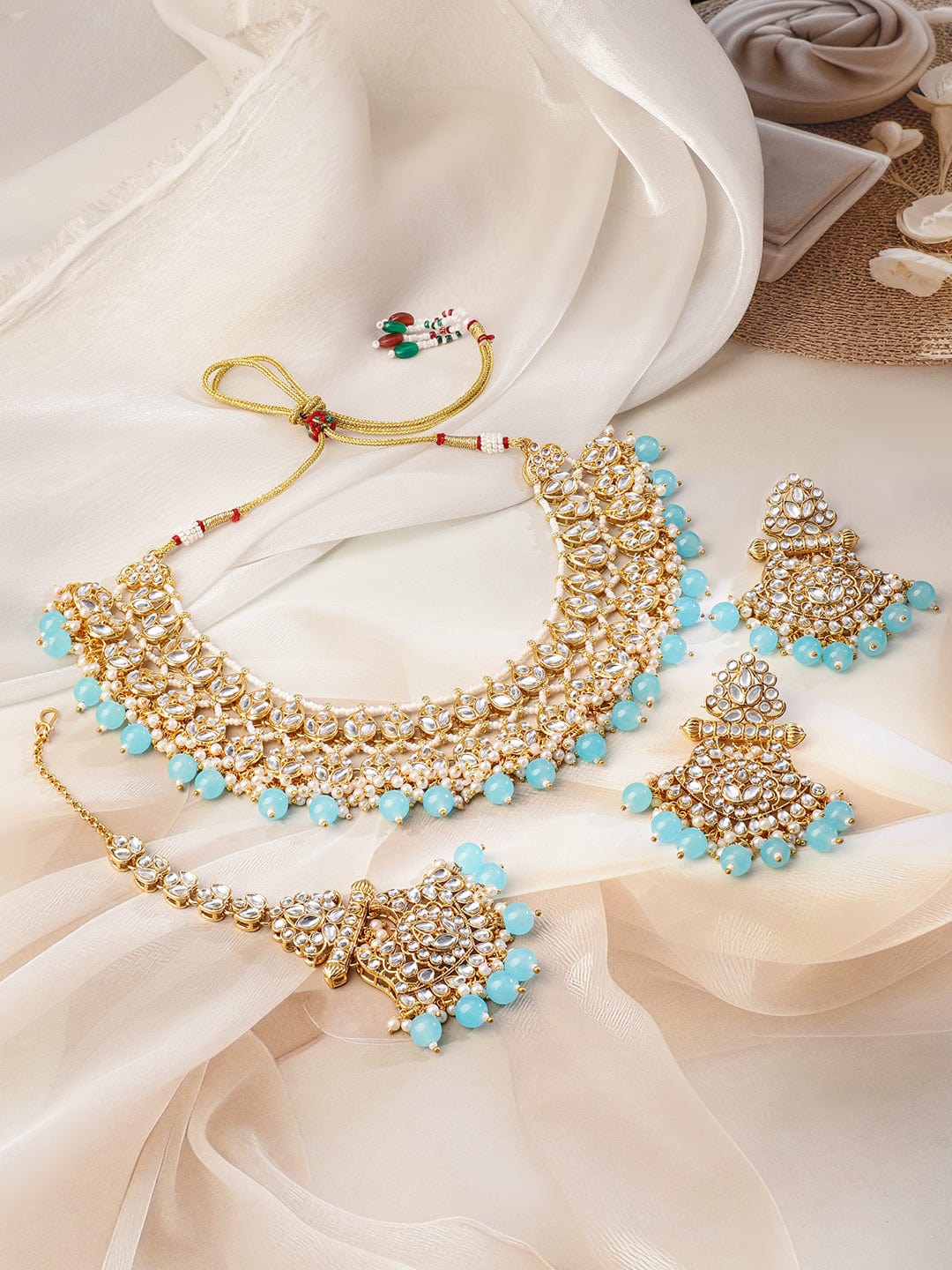 Rubans 22K Gold-Plated White Kundan Studded & White Pearls & Blue Bead Drops Handcrafted Bridal Necklace Set