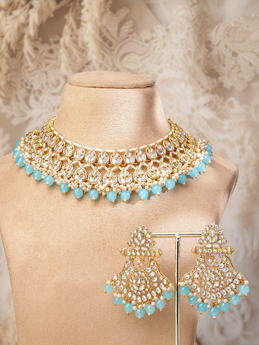 Rubans 22K Gold-Plated White Kundan Studded & White Pearls & Blue Bead Drops Handcrafted Bridal Necklace Set