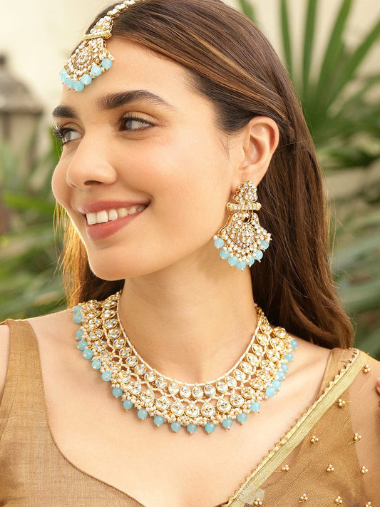 Rubans 22K Gold-Plated White Kundan Studded & White Pearls & Blue Bead Drops Handcrafted Bridal Necklace Set