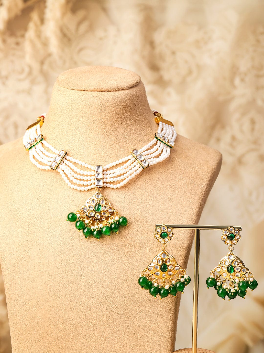Rubans 22K Gold-Plated White Pearl Multi-Strand Necklace Set with Kundan & Emerald Green Beads