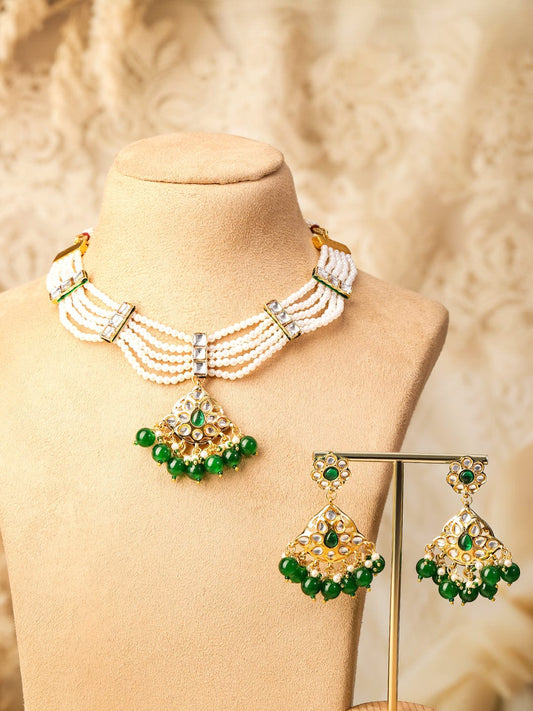 Rubans 22K Gold-Plated White Pearl Multi-Strand Necklace Set with Kundan & Emerald Green Beads