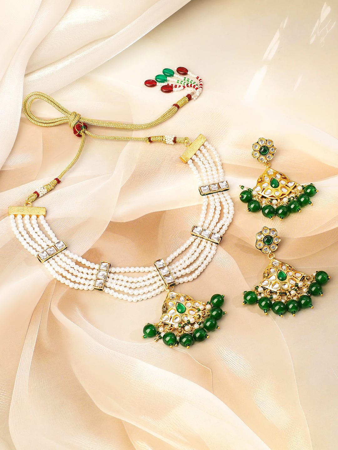 Rubans 22K Gold-Plated White Pearl Multi-Strand Necklace Set with Kundan & Emerald Green Beads
