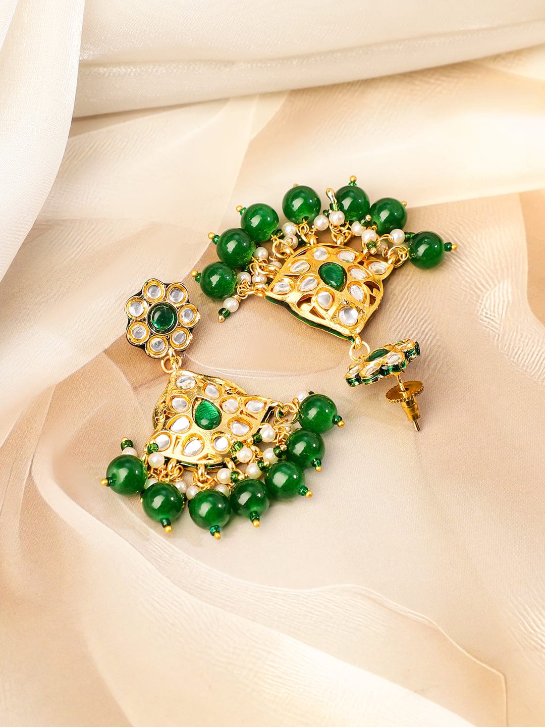 Rubans 22K Gold-Plated White Pearl Multi-Strand Necklace Set with Kundan & Emerald Green Beads