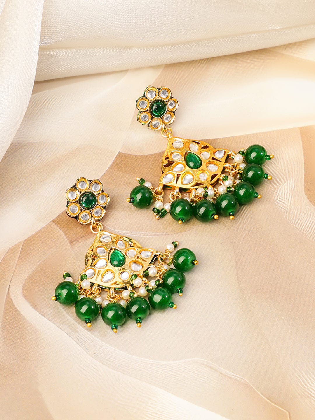 Rubans 22K Gold-Plated White Pearl Multi-Strand Necklace Set with Kundan & Emerald Green Beads