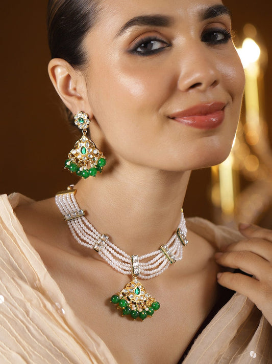 Rubans 22K Gold-Plated White Pearl Multi-Strand Necklace Set with Kundan & Emerald Green Beads