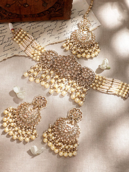 Rubans 22K Mehndi Gold plated Captivating Reverse AD & Kundan Choker Necklace set with Pearls Beads Accents