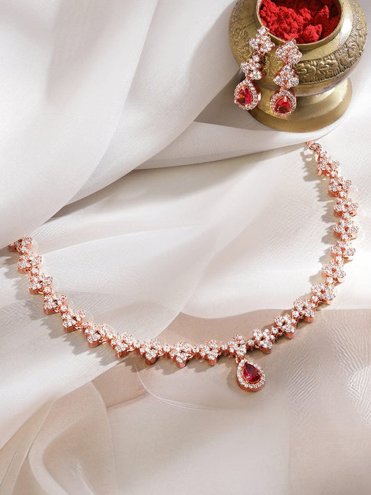 Rubans 22K Rose Gold-Plated Ruby Pink & White Cubic Zirconia Studded Necklace Set with Earrings