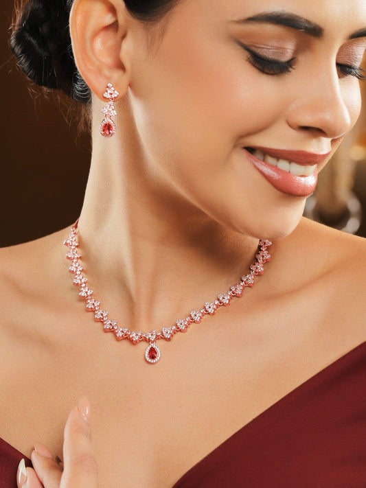 Rubans 22K Rose Gold-Plated Ruby Pink & White Cubic Zirconia Studded Necklace Set with Earrings