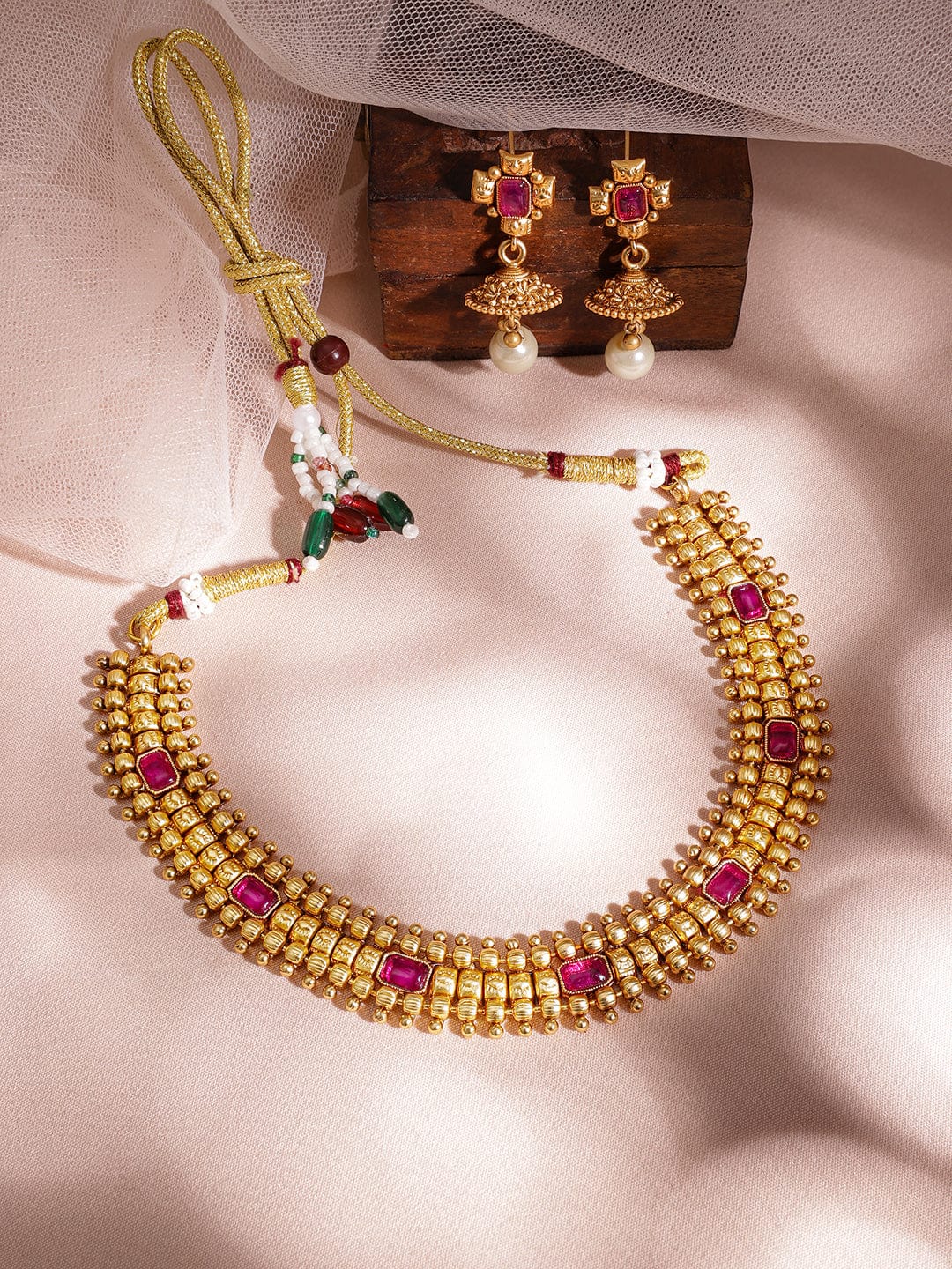 Rubans 22KT Gold Plated Brass Red Stone Studded Pearls Hanging Layered Necklace Set