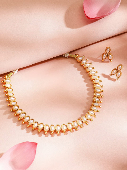 Rubans 22KT Gold Plated Stylish Pearl Studded Oval Link Design Choker Necklace Set