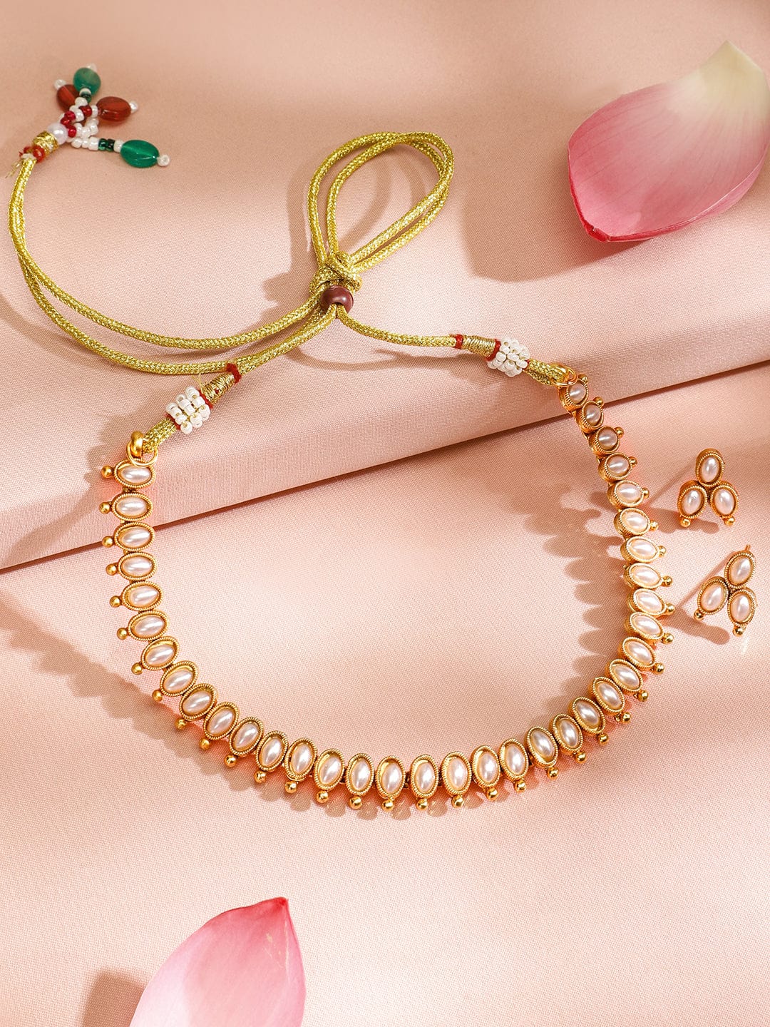 Rubans 22KT Gold Plated Stylish Pearl Studded Oval Link Design Choker Necklace Set