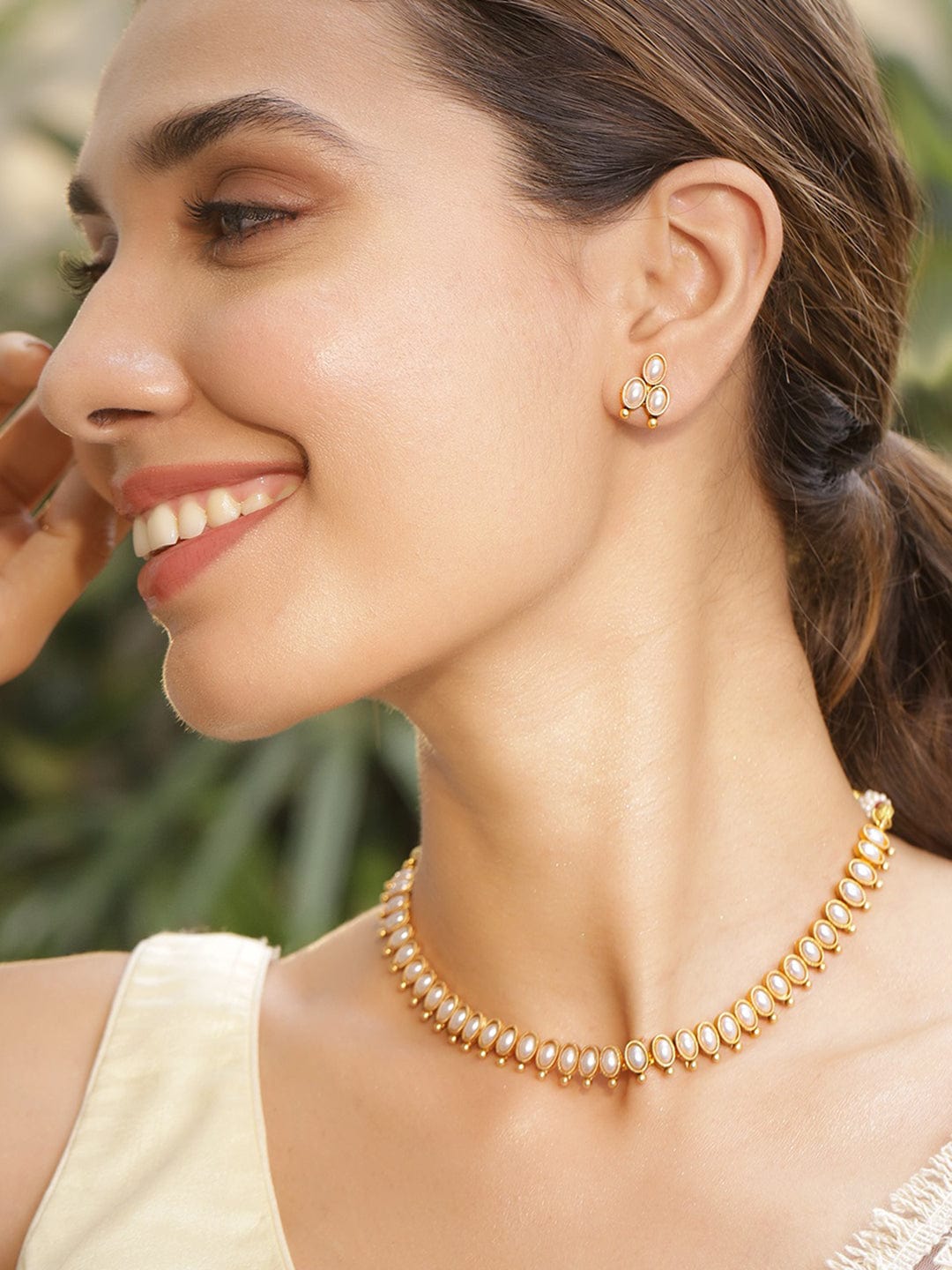 Rubans 22KT Gold Plated Stylish Pearl Studded Oval Link Design Choker Necklace Set