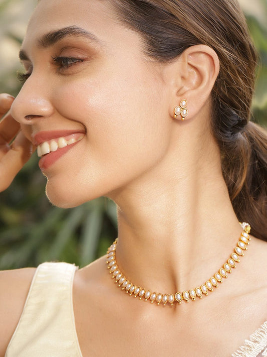 Rubans 22KT Gold Plated Stylish Pearl Studded Oval Link Design Choker Necklace Set