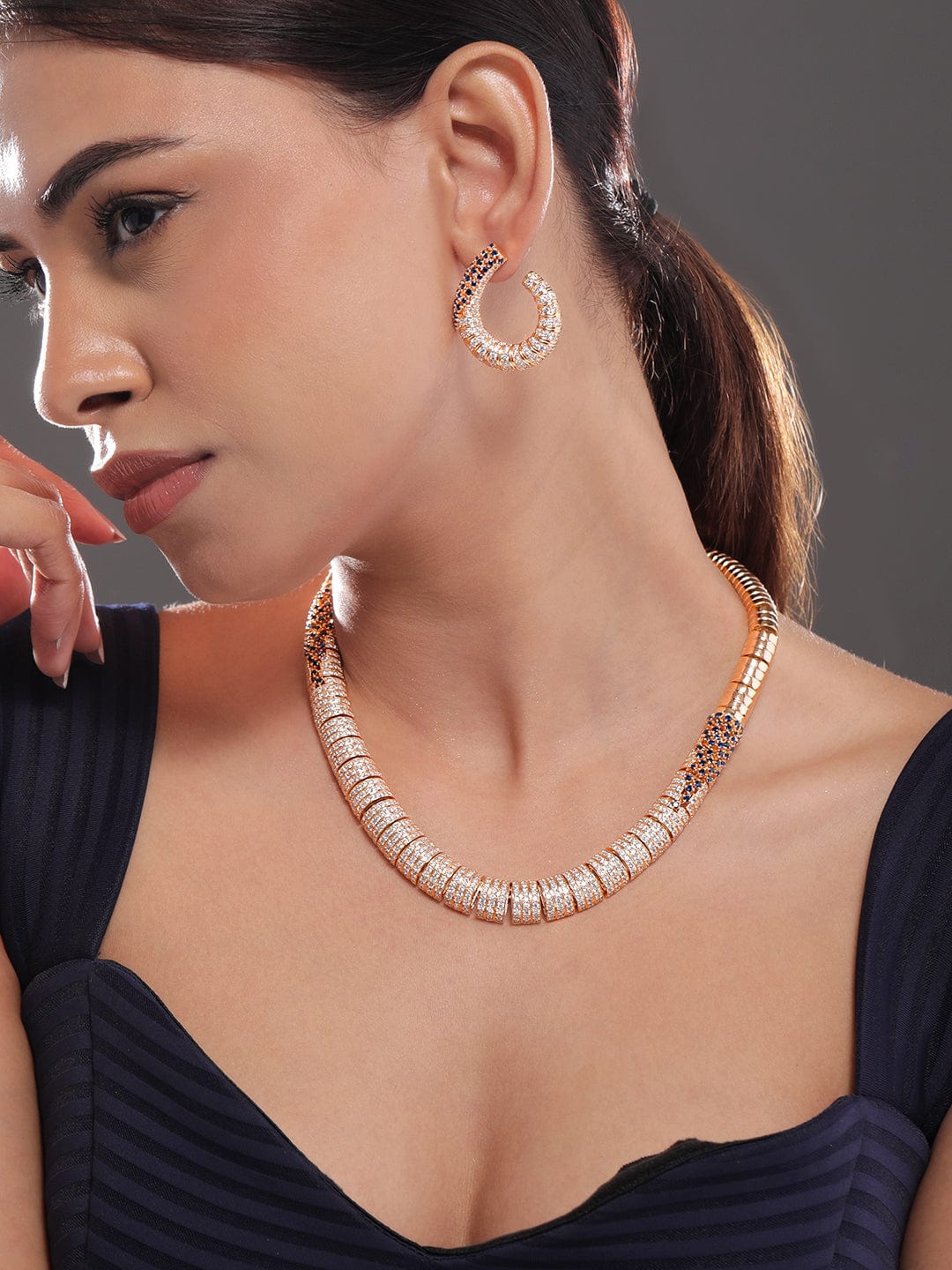 Rubans 24K Gold Plated AAA Cubic Zirconia Studded Statement Necklace Set with Midnight Blue Detail