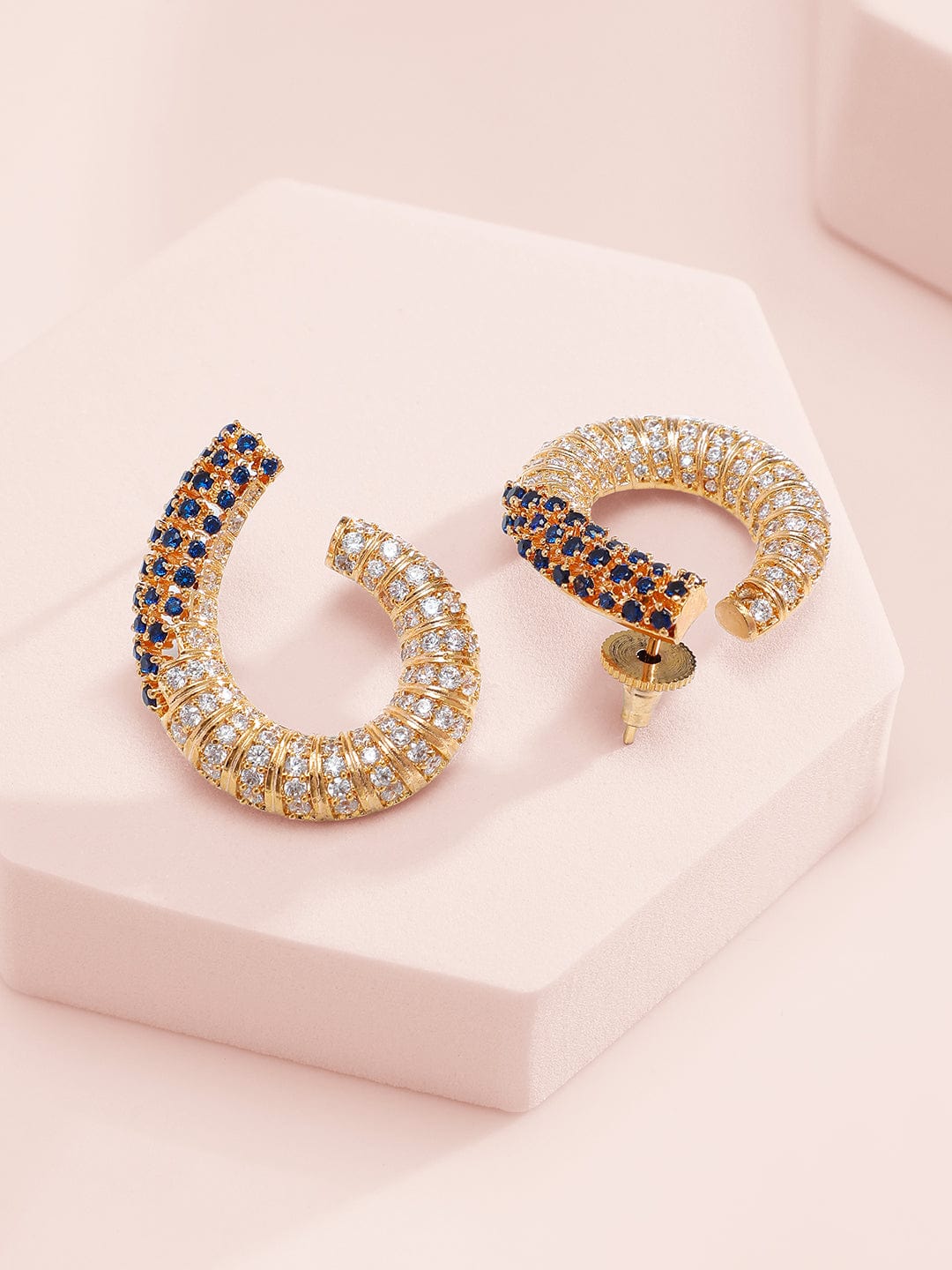 Rubans 24K Gold Plated AAA Cubic Zirconia Studded Statement Necklace Set with Midnight Blue Detail