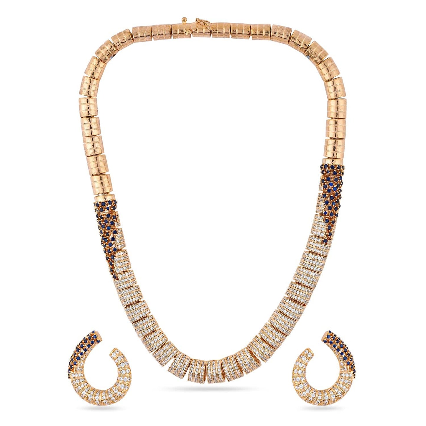 Rubans 24K Gold Plated AAA Cubic Zirconia Studded Statement Necklace Set with Midnight Blue Detail
