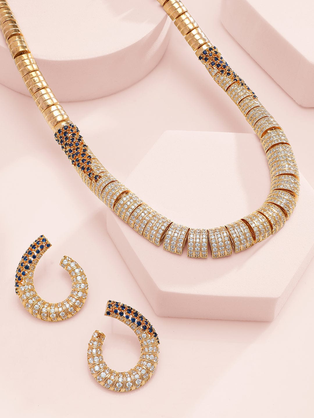 Rubans 24K Gold Plated AAA Cubic Zirconia Studded Statement Necklace Set with Midnight Blue Detail