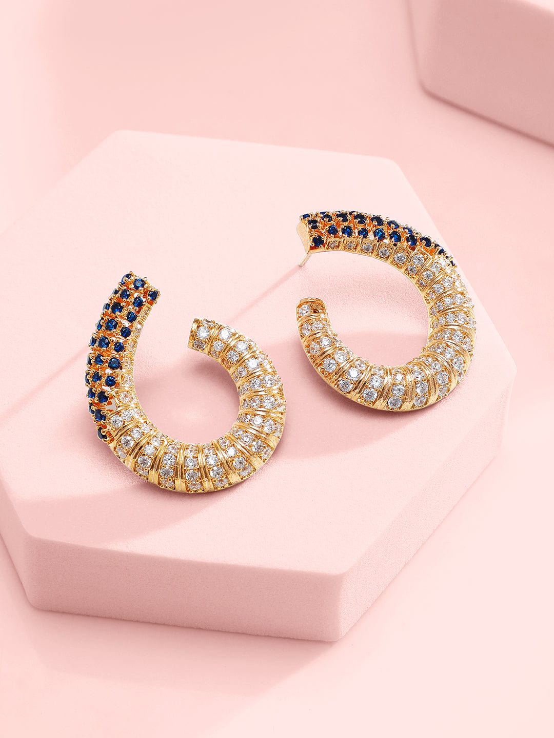 Rubans 24K Gold Plated AAA Cubic Zirconia Studded Statement Necklace Set with Midnight Blue Detail