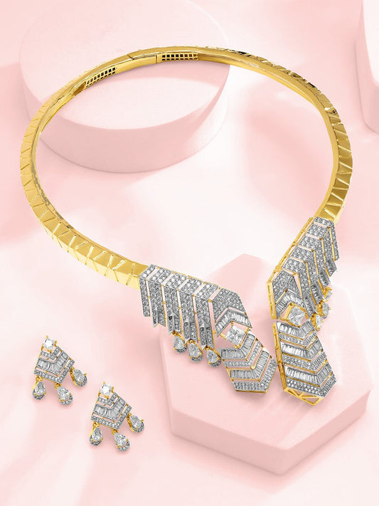 Rubans 24K Gold-Plated AAA Cubic Zirconia Studded Geometric Statement Choker Necklace Set