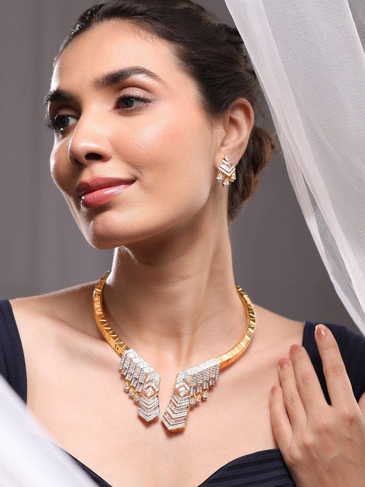Rubans 24K Gold-Plated AAA Cubic Zirconia Studded Geometric Statement Choker Necklace Set