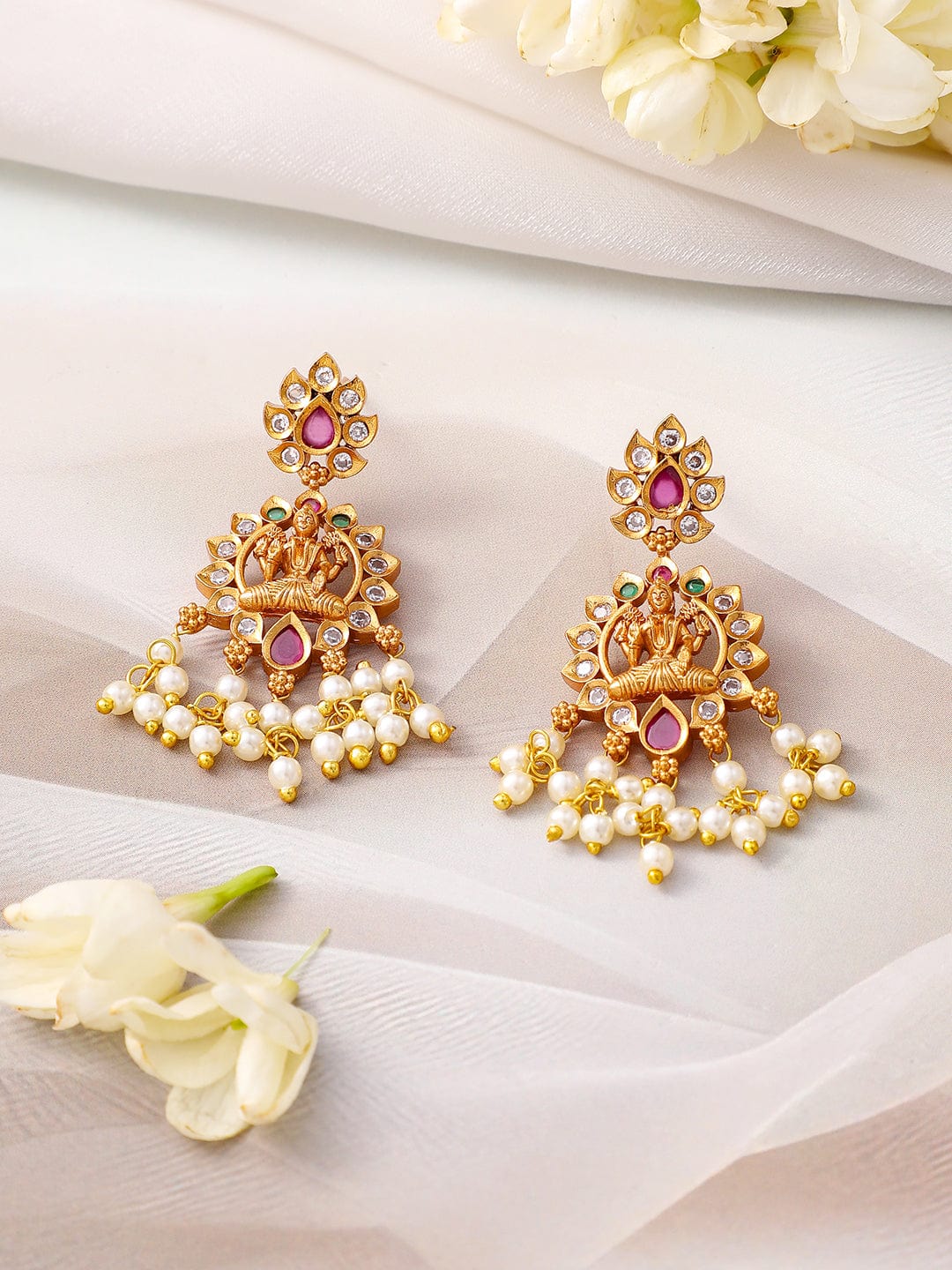 Rubans 24K Gold-Plated Divine Lakshmi Temple Necklace Set with Ruby Stones & Pearls