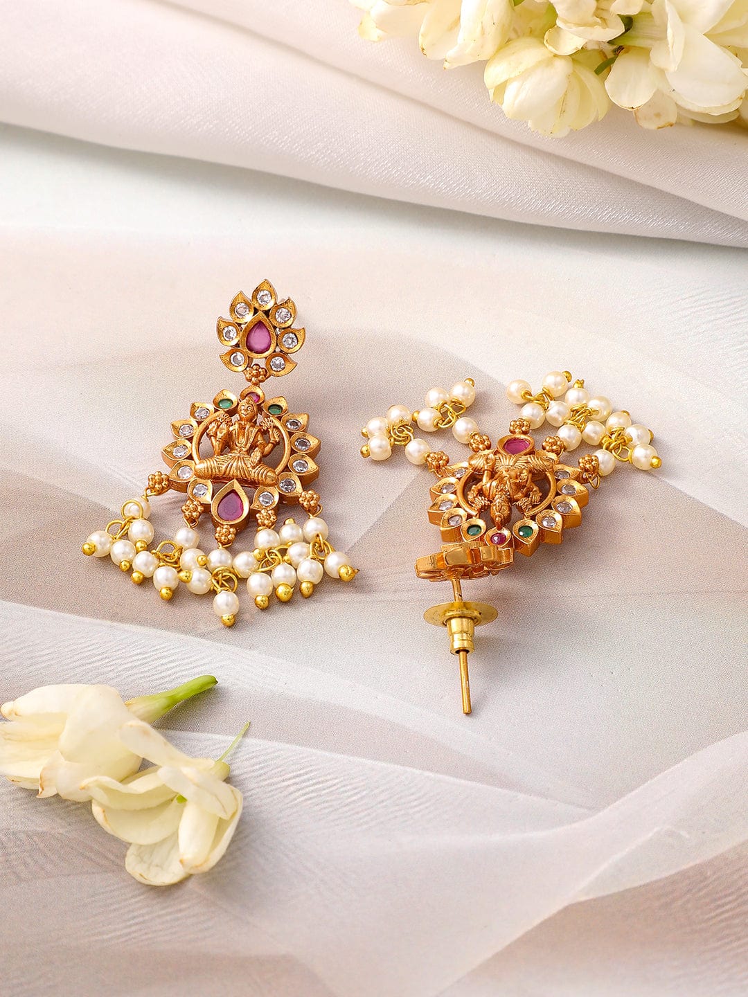 Rubans 24K Gold-Plated Divine Lakshmi Temple Necklace Set with Ruby Stones & Pearls