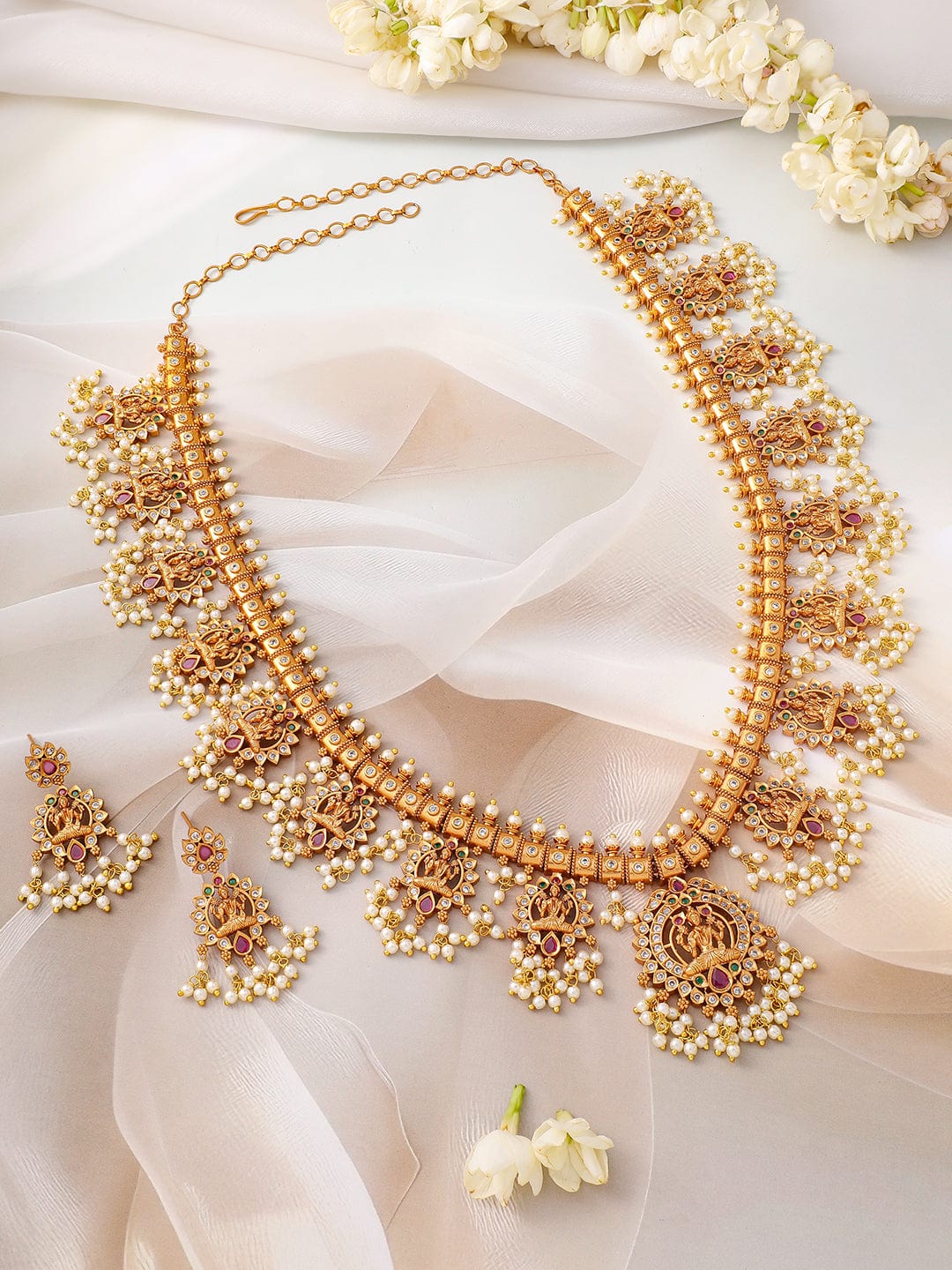 Rubans 24K Gold-Plated Divine Lakshmi Temple Necklace Set with Ruby Stones & Pearls
