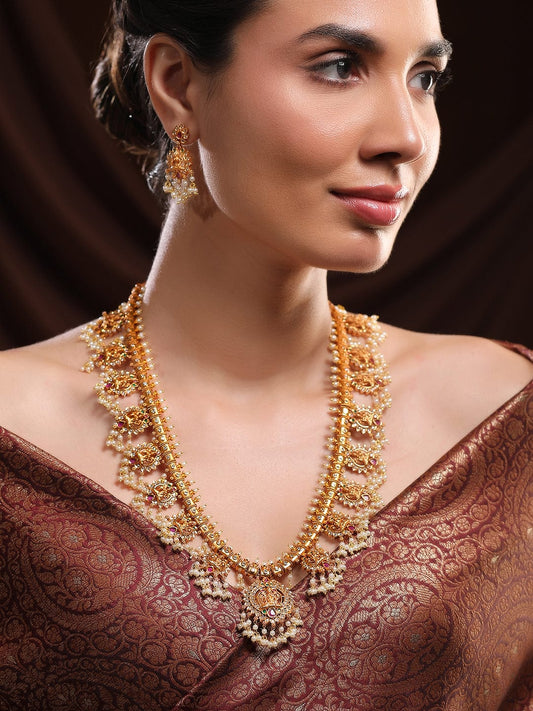 Rubans 24K Gold-Plated Divine Lakshmi Temple Necklace Set with Ruby Stones & Pearls